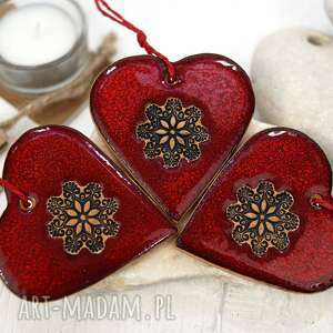 dekoracje świąteczne 3 ceramiczne ozdoby serca - lawa czerwone serce