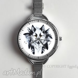 wilk - zegarek z dużą tarczką wilkiem, pióra, srebrny