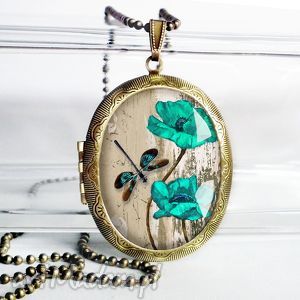 handmade naszyjniki turkusowe kwiaty i ważka - śliczny medalion otwierany