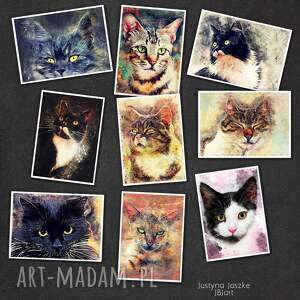 zwierzaki koty w akwareli - zestaw 9 grafik rozmiarze 13x18 cm, pocztówki