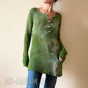 sweter/tunika z mieszanki naturalnych przędz w ciepłych zieleniach