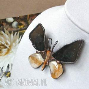 motyl broszka i wisiorek cytryn krzemień czarny, pomysł na prezent