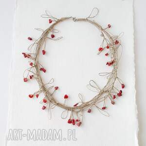 lady in red naszyjnik lniany vol. 2, koral czerwony, len naturalny, naszyjnik oryginalnay