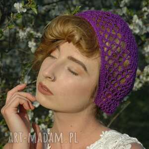 ręcznie robione czapki czepek ażurowy fioletowy