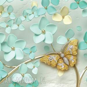 obraz na płótnie - drzewo turkusowy złoty kwiaty 120x80 cm 98801 ślub