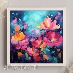 granatowy obraz z różowymi kwiatami - abstrakcyjny obraz z kwiatami 50x50 cm