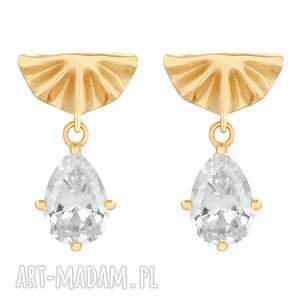 złote kolczyki wachlarze z cyrkoniami, pozłacany, delikatne, sztyfty