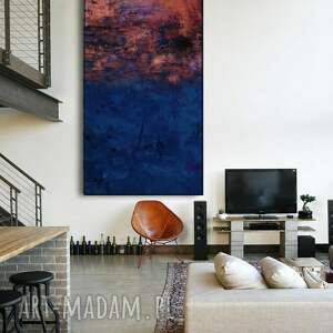 Ręcznie robiony obraz strukturalny 80x160 cm - różowa miedź, indygo i granat
