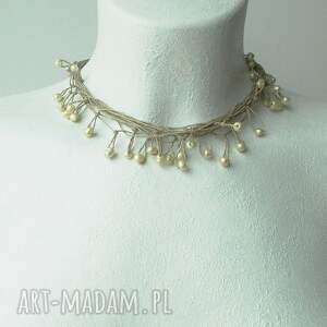 perły w kolorze szampana naszyjnik, naszyjnik z perłami lniana biżuteria