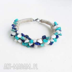 blue bransoletka lniana z kamieniami, lapis lazuli howlit turkusowy