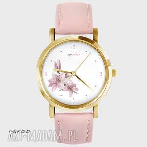 handmade zegarki zegarek - lilia - pudrowy róż, skórzany, złoty