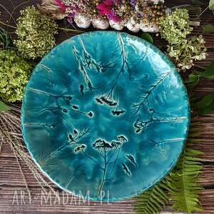 piękna turkusowa patera xxl talerz ceramika roślinami, motyw roślin