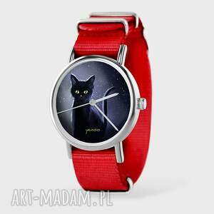 zegarki zegarek, bransoletka - czarny kot, noc czerwony, nylonowy nato