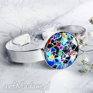 bransoletka witrażowa - piękna i nowoczesna duża, srebrna, modna, mozaikowa