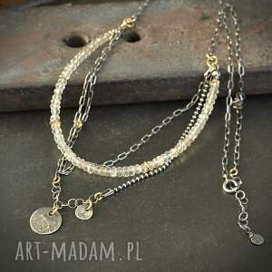 Grey Line project: naszyjnik z topazem imperial i pozłacanym srebrem, srebro oksydowane, warstwowy