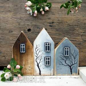 ręcznie wykonane dekoracje 3 drewniane domki dekoracyjne - leśne domki