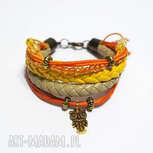 Pomarańczowa bransoletka z sową na rzemieniach handmade