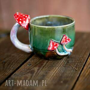 ręcznie robione ceramika handmade kubek z muchomorkiem | zielone poszycie | ok 400ml | 2