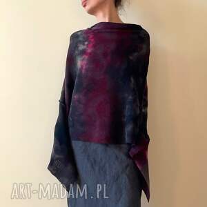 ponczo z wełny merino amarant szary, narzutka zimowa, tunika dzianinowa, unikat