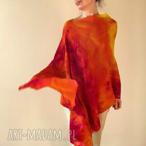 poncho narzutka z wełny merino w czerwieniach żółtym, ponczo, tunika unikat