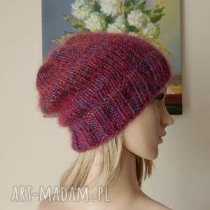 ręcznie na drutach - jesienny liść miła, puchata czapka z jedwabiem i moherem