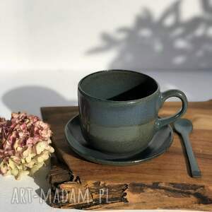 duża filiżanka ceramiczna ze spodkiem i łyżeczką - kolory ziemi, kubek prezent