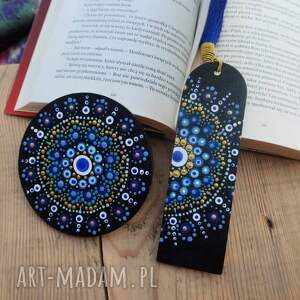 komplet - zakładka do książki i podstawka pod kubek blue drops, ręcznie