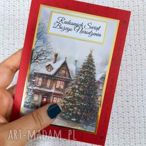 NawiasOtwartyOdSerca: kartka świąteczna z kieszonką, na czerwonej bazie w szary wzór bombek 2