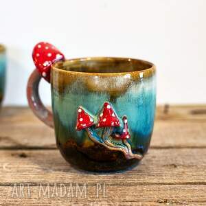 handmade duży kubek z muchomorkiem turkusowe poszycie ok 460ml iii n