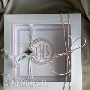 kartka komunijna w pudełku życzenia, personalizacja scrapbooking