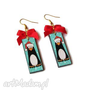 świąteczne kolczyki - pingwin święty mikołaj na prezent, santa