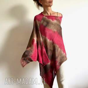 poncho narzutka bawełniana czerwień brąz, ponczo tunika, unikat