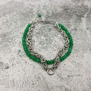 bransoletka chainmaille - zielony jadeit, stal, łańcuch