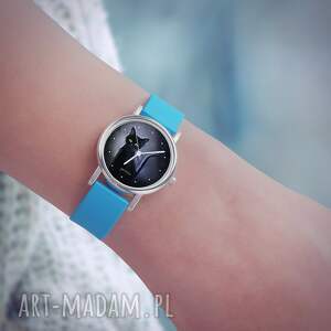 handmade zegarki zegarek mały - czarny kot, noc silikonowy, niebieski