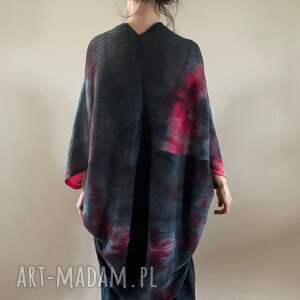 kardigan wełniany kokon grafit czerwień - płaszcz kamizelka, sweter, oversize