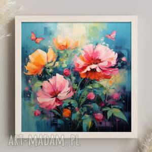 granatowy obraz kwiaty i motyle - wydruk artystyczny 50x50 cm plakat