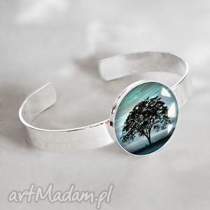 handmade drzewo nowoczesna piękna bransoleta z grafiką za szkłem kolor srebrny jak