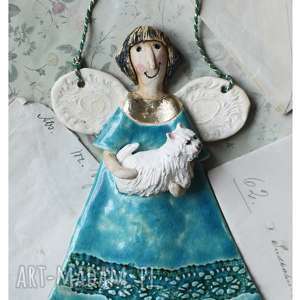 handmade ceramika aniołek z pieskiem westie