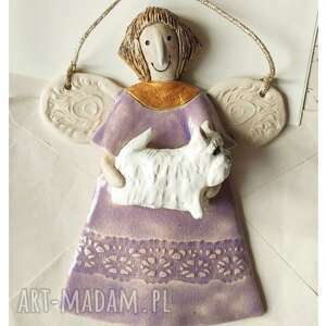 ręczne wykonanie ceramika lawendowy aniołek z pieskiem westie