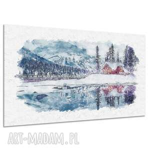 Akwarelowy obraz na płótnie góry i zimowy domek 120x80 cm
