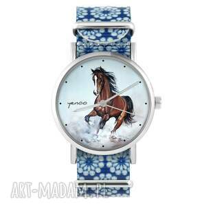 ręcznie wykonane zegarki zegarek - brązowy koń niebieski, kwiaty