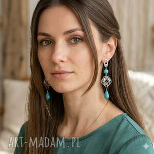 kolczyki ażurowy liść turkusowy howlit kolorowa bizuteria unikat, kolorowe