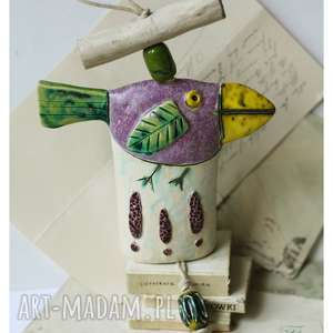 ręcznie zrobione ceramika dzwonek z ptaszkiem lawendowy