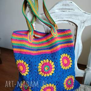 Kolorowa torba na ramię szydełkowa boho z bawełny 37x40 - handmade