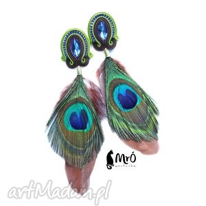 peacock eye - etniczne kolczyki soutache z piórkami