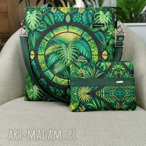 torebka damska shopperka z kosmetyczką miejska na ramę - liście monstery