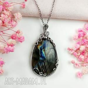 naszyjnik spektrolit labradoryt stal chirurgiczna wisiorek handmade wirewrapping