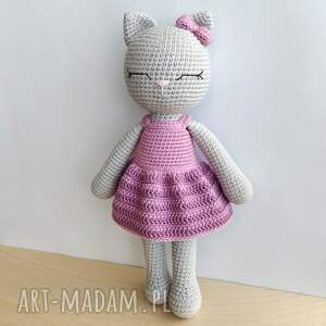 els handmade kotek we wrzosowej sukience, szydełkowa przytulanka z włóczki
