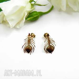 kolczyki pawie piórka mini brązowe biżuteria artystyczna prezent