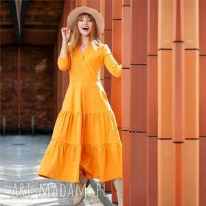 sukienka z falbanami valeria bursztynowa, bawełna singiel jersey rozkloszowana